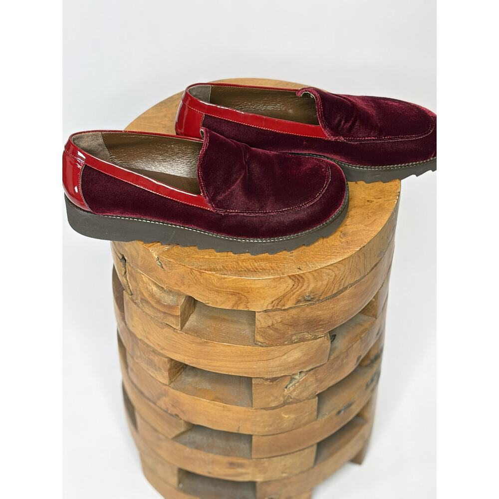 Donald J Pliner Velvet Loafers Burgundy Patent Trim Lug Sole Made Italy Women's